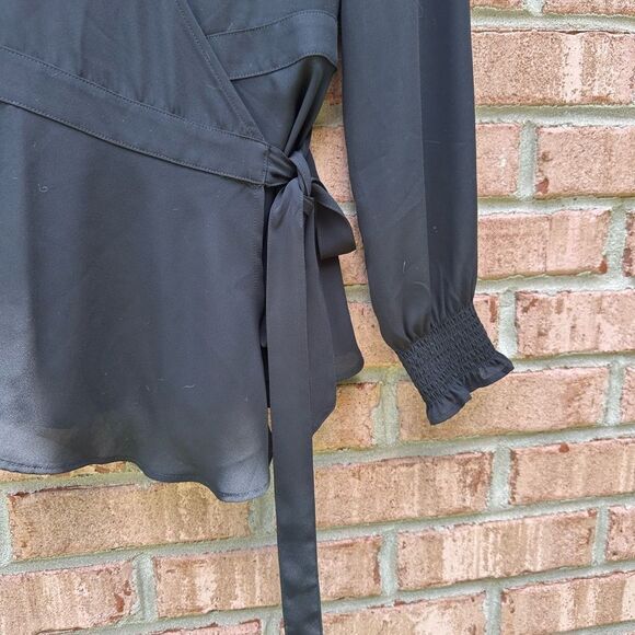 Ann Taylor Sheer Black Wrap Tie Front Blouse - Picture 3 of 8